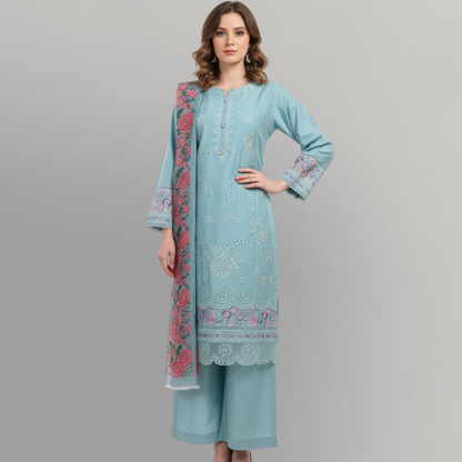 💚 Sea Green Serenity Embroidered 3-Piece Lawn Suit
