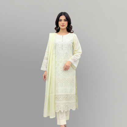 💚 Ivory Charm Embroidered 3-Piece Lawn Suit