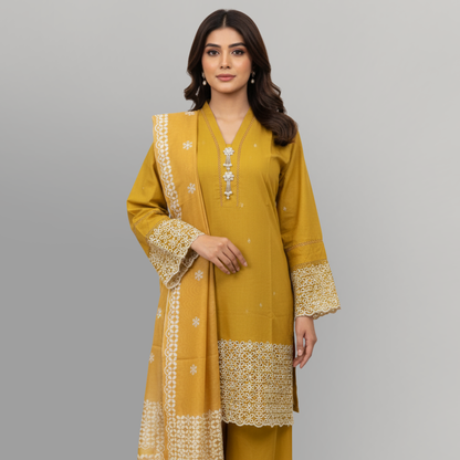 💚 Golden Citrine Embroidered 3-Piece Lawn Suit