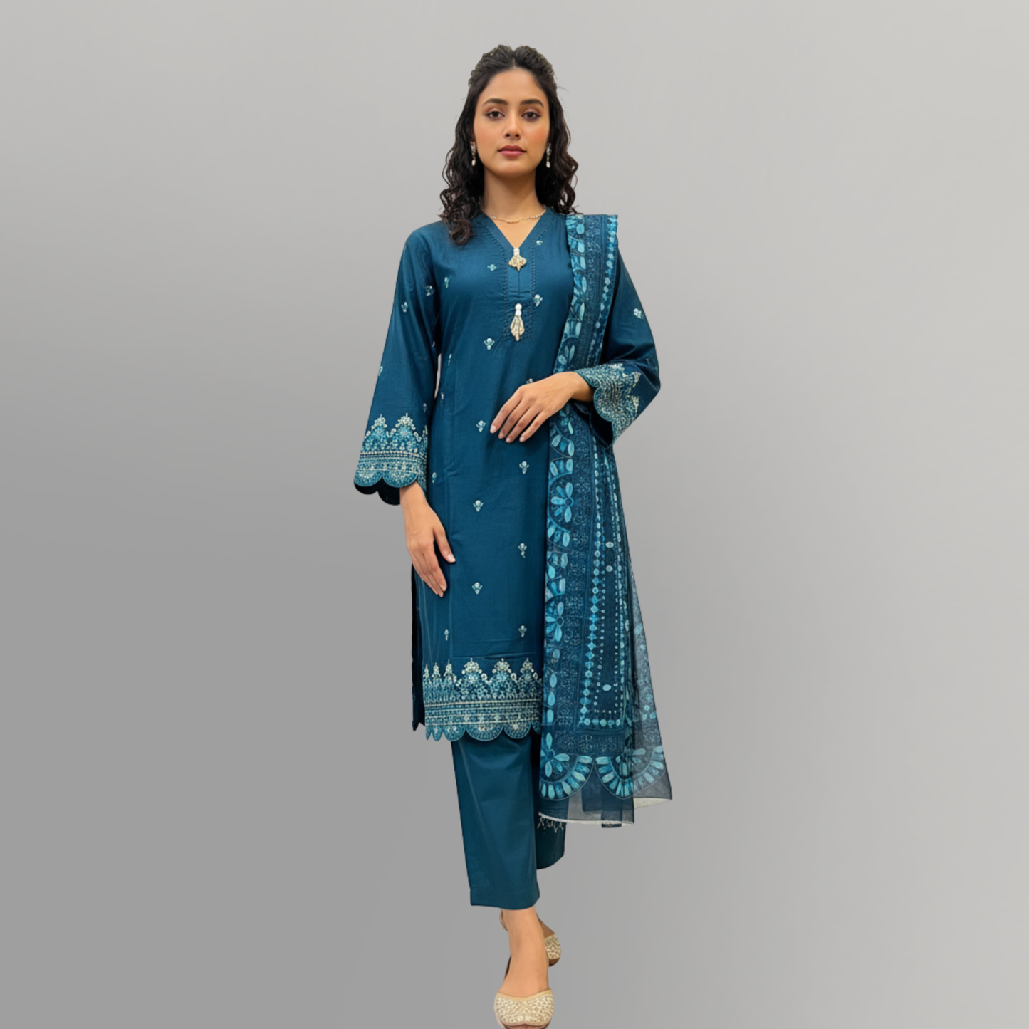 💚 Teal Sapphire Sequined Embroidered 3-Piece Lawn Suit