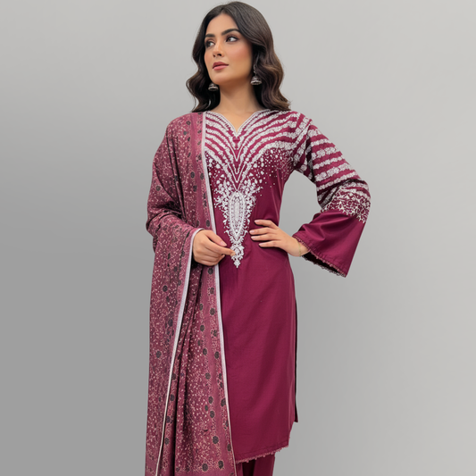 💚 Burgundy Bliss Embroidered 3-Piece Cotton Suit