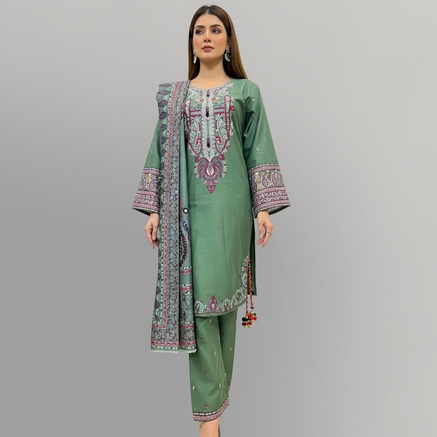 💚 Sea Green Heritage Embroidered 3-Piece Cotton Suit