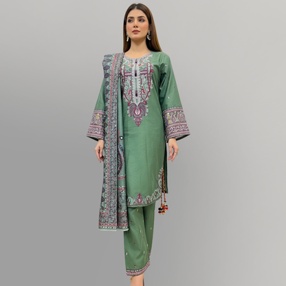 💚 Sea Green Heritage Embroidered 3-Piece Cotton Suit