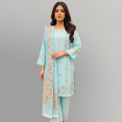 💚 Ferozi Azure Embroidered 3-Piece Cotton Suit