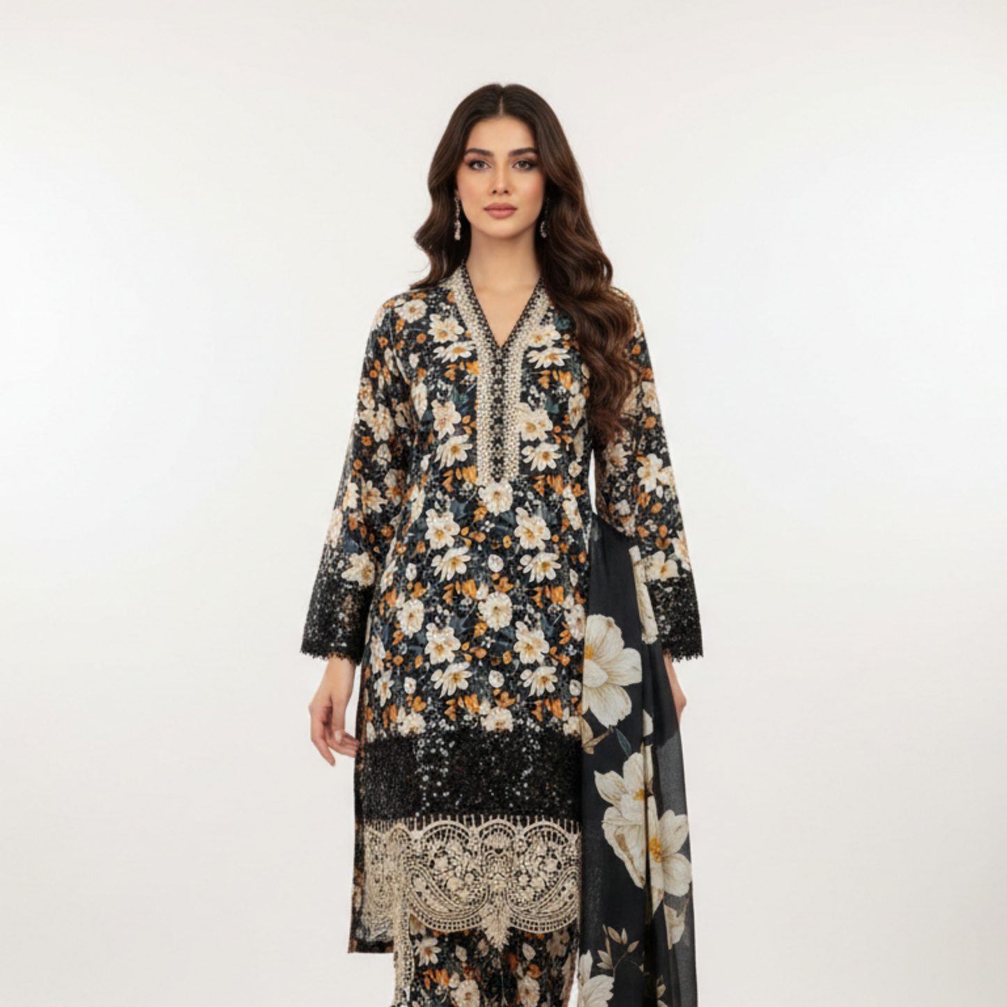 💚 Midnight Dahlia Embroidered 3-Piece Lawn Suit