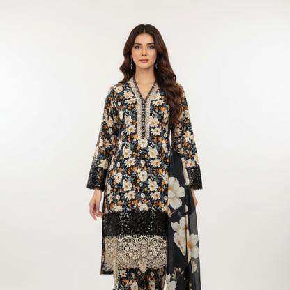 💚 Midnight Dahlia Embroidered 3-Piece Lawn Suit