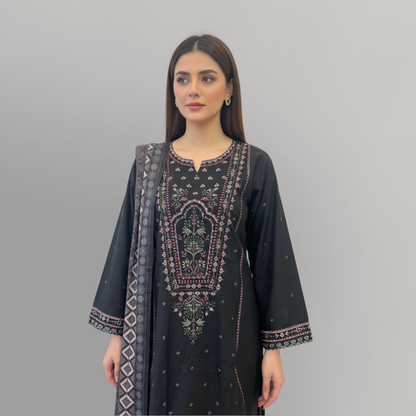 💚 Midnight Noir Embroidered 3-Piece Lawn Suit