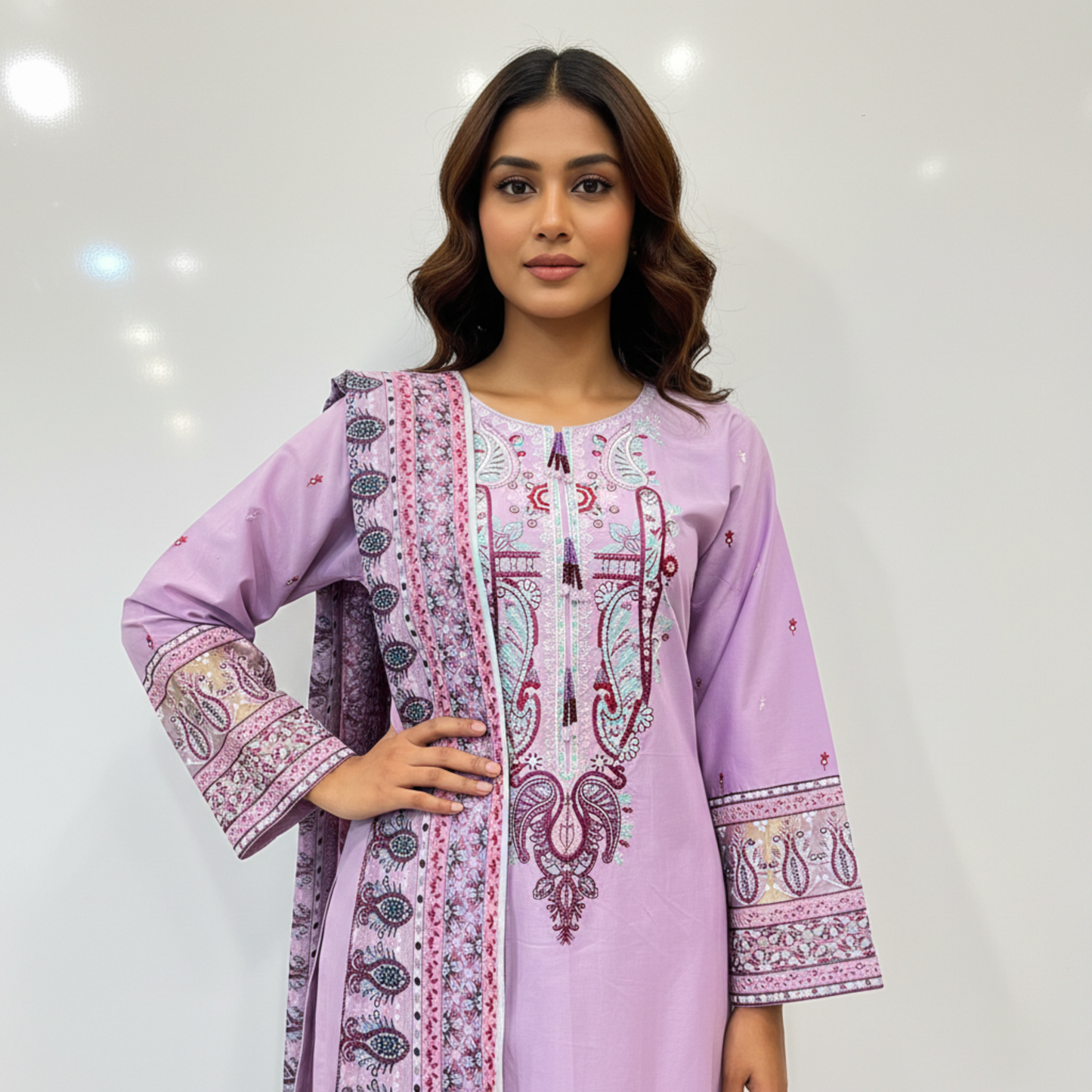 💚 Lilac Charm Embroidered 3-Piece Cotton Suit