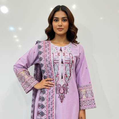 💚 Lilac Charm Embroidered 3-Piece Cotton Suit