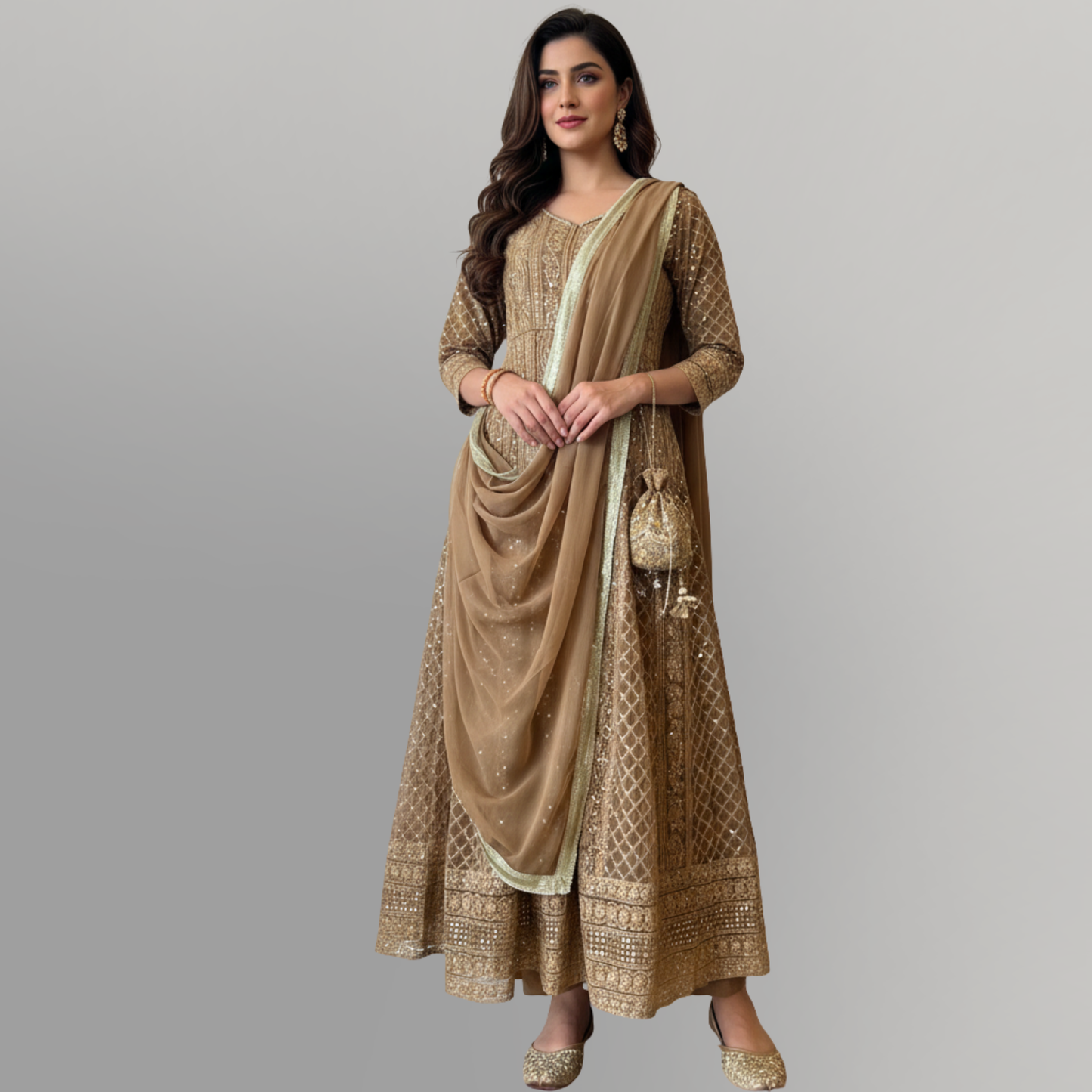 💚 Golden Sand Hand-Embellished Angrakha Gown