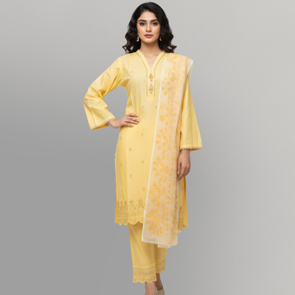 💚 Sunshine Glow Embroidered 3-Piece Lawn Suit