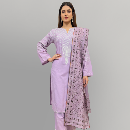 💚 Lilac Palm Embroidered 3-Piece Cotton Suit