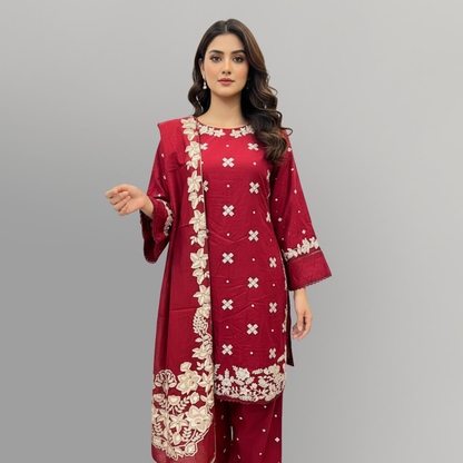 💚 Garnet Glow Embroidered 3-Piece Cotton Suit