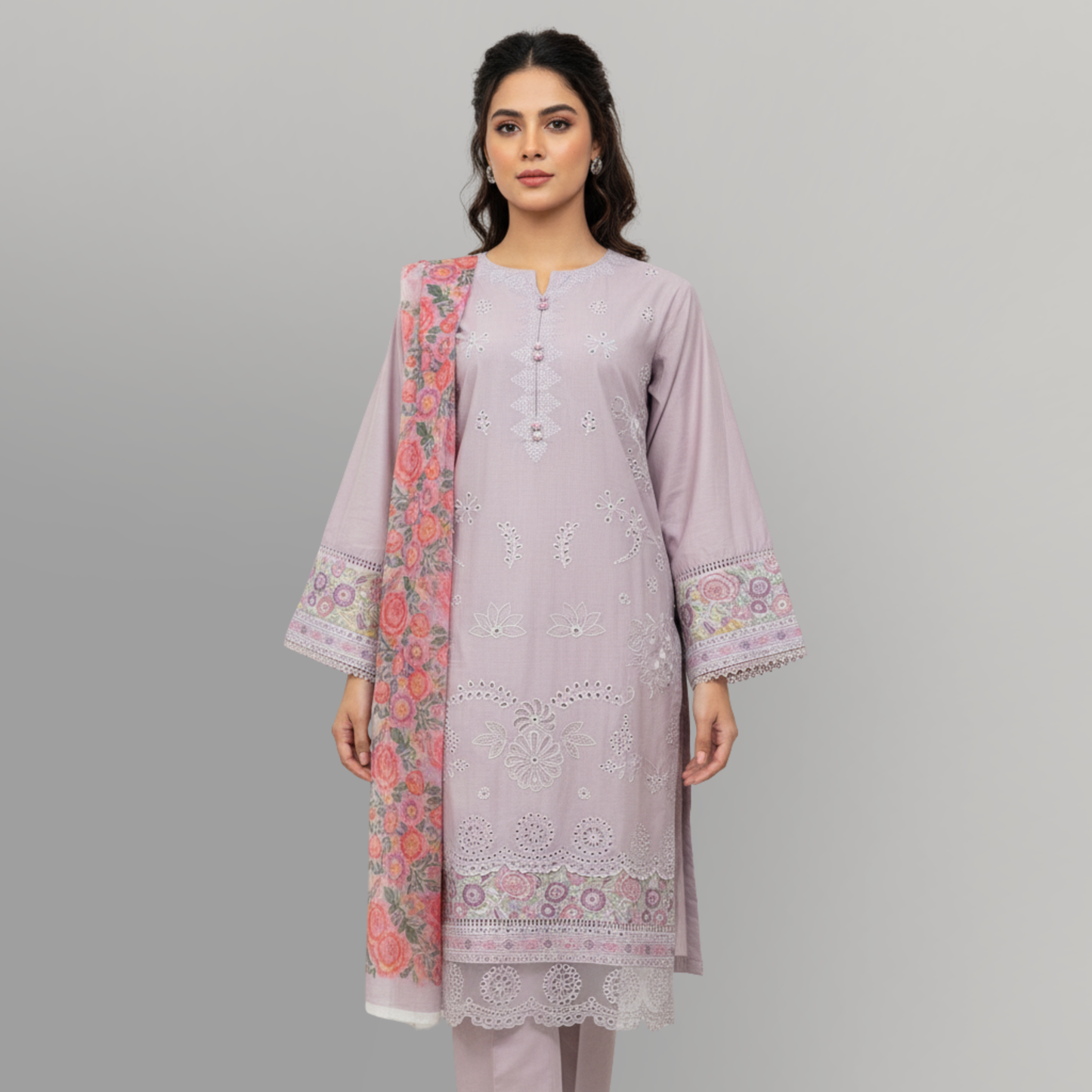💚 Lilac Bliss Embroidered 3-Piece Lawn Suit