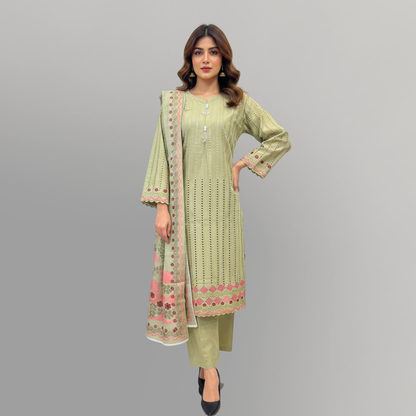 💚 Pistachio Allure Embroidered 3-Piece Lawn Suit