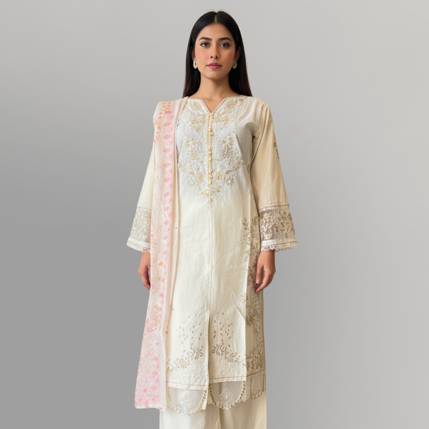 💚 Ivory Gold Luxe Embroidered 3-Piece Lawn Suit