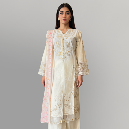 💚 Ivory Gold Luxe Embroidered 3-Piece Lawn Suit