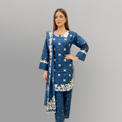 💚 Sapphire Haze Embroidered 3-Piece Cotton Suit