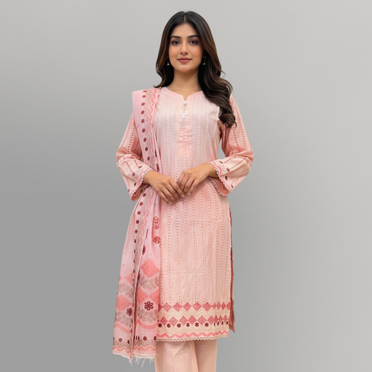 💚 Peach Blossom Embroidered 3-Piece Lawn Suit