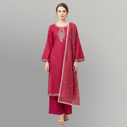 💚 Magenta Muse Embroidered 3-Piece Lawn Suit