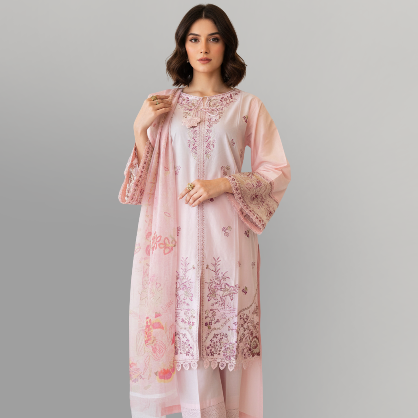 💚 Blush Peony Embroidered 3-Piece Lawn Suit