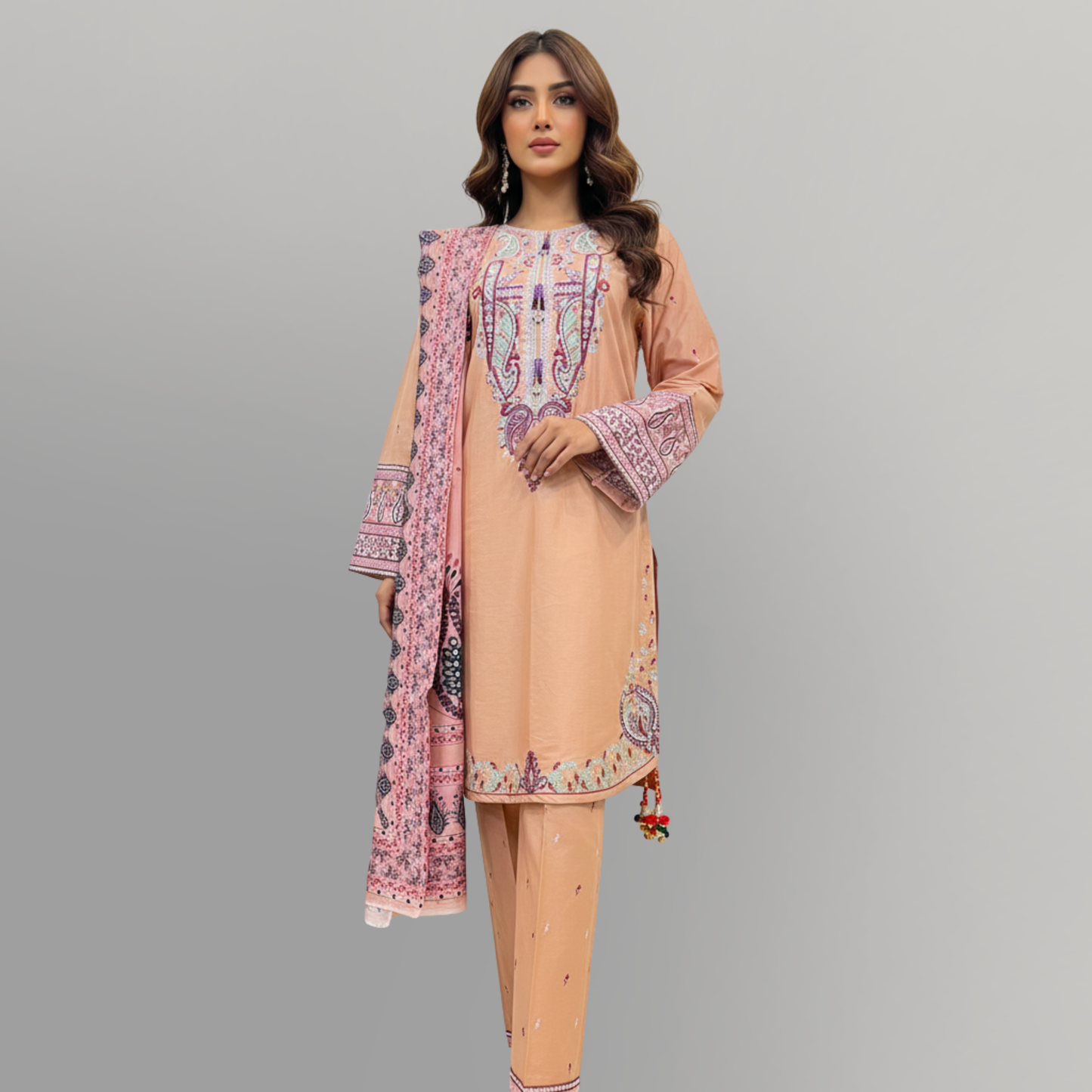 💚 Peach Nectar Embroidered 3-Piece Cotton Suit