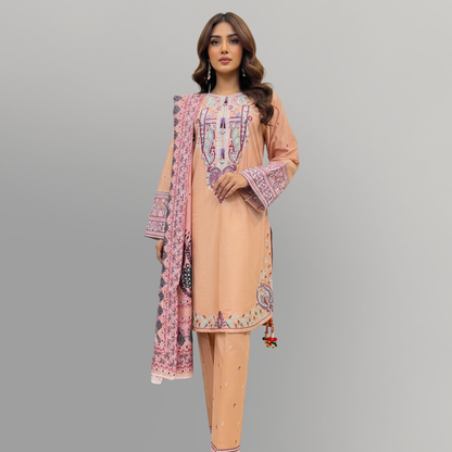 💚 Peach Nectar Embroidered 3-Piece Cotton Suit