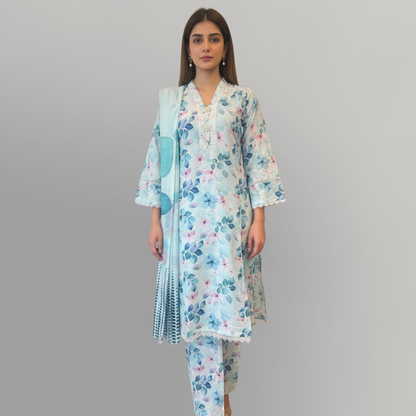 💚 Cerulean Breeze Embroidered 3-Piece Lawn Suit