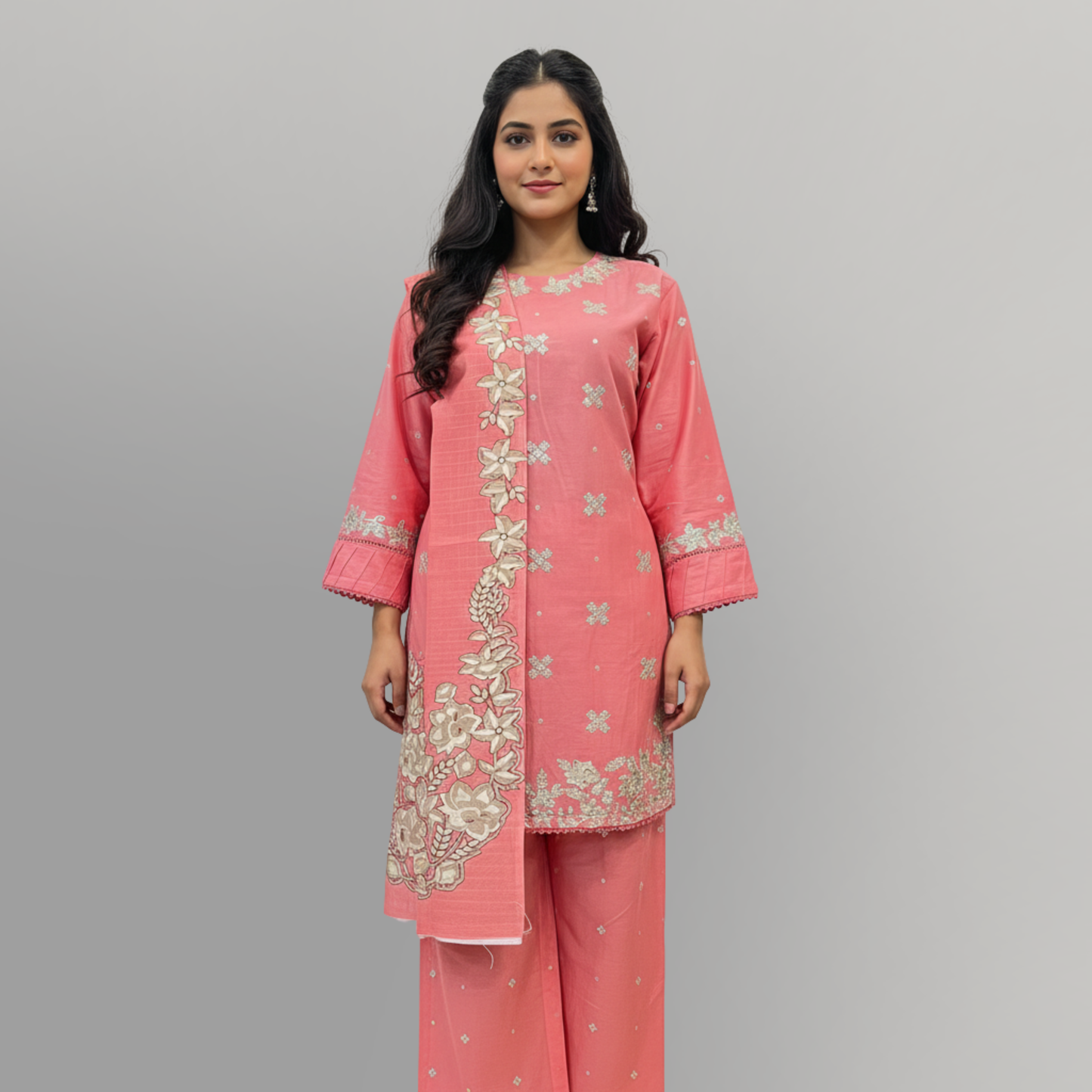 💚 Peach Radiance Embroidered 3-Piece Cotton Suit
