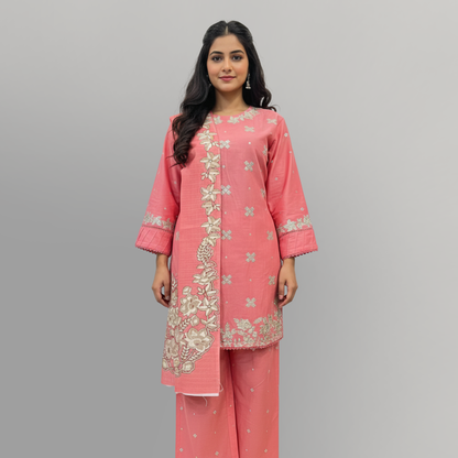 💚 Peach Radiance Embroidered 3-Piece Cotton Suit