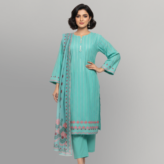 Teal Serenity Embroidered 3-Piece Lawn Suit