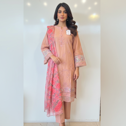 💚 Peach Blossom Embroidered 3-Piece Lawn Suit