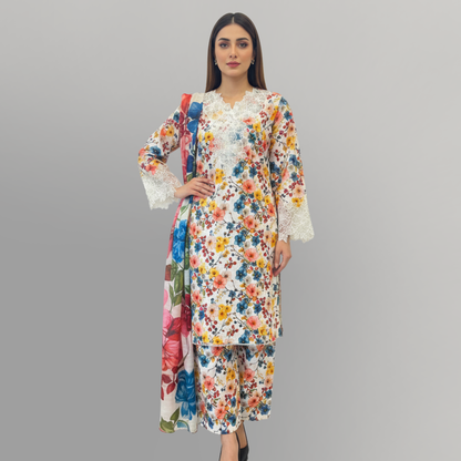 💚 White Floral Symphony Embroidered 3-Piece Lawn Suit