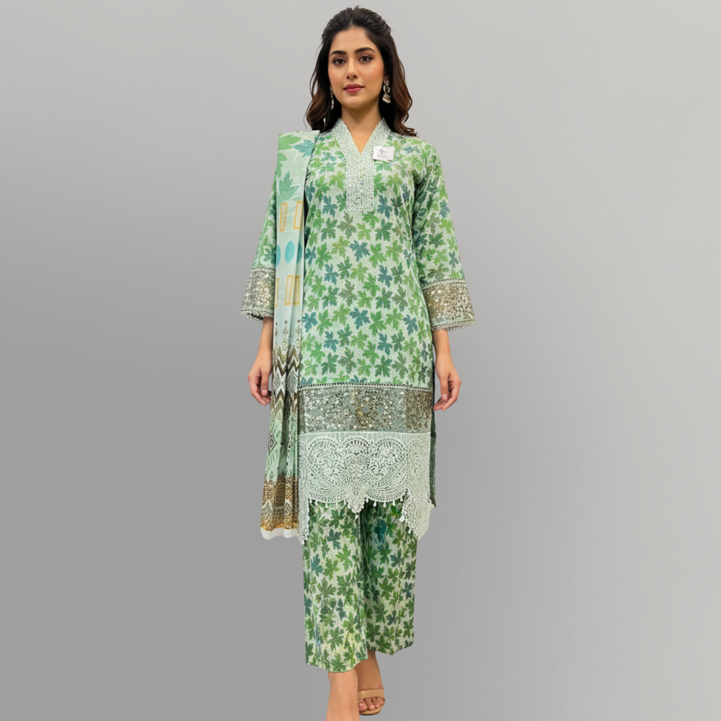 💚 Sage Serenity Embroidered 3-Piece Lawn Suit