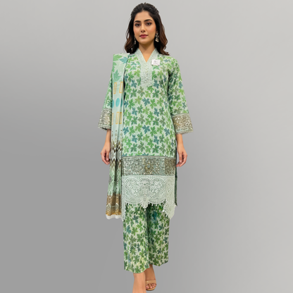 💚 Sage Serenity Embroidered 3-Piece Lawn Suit