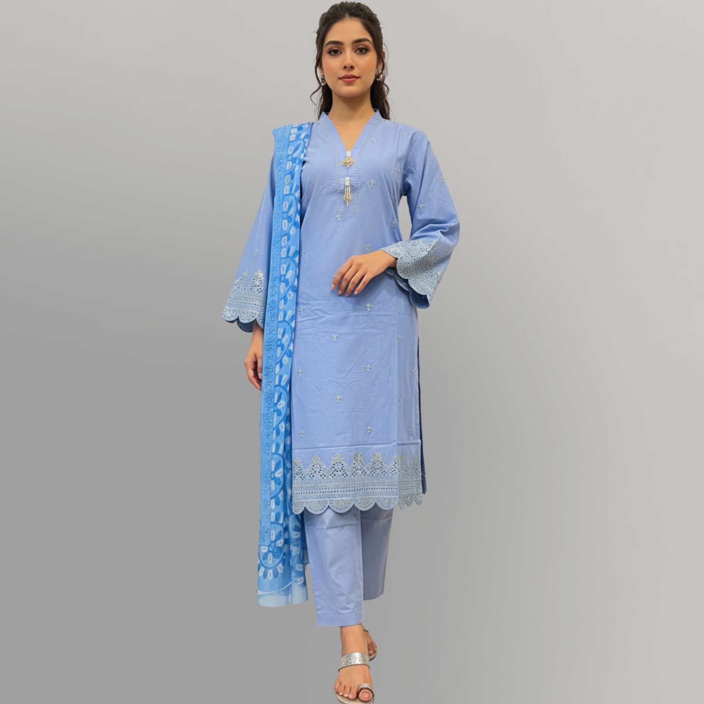 💚 Cerulean Sky Sequined Embroidered 3-Piece Lawn Suit