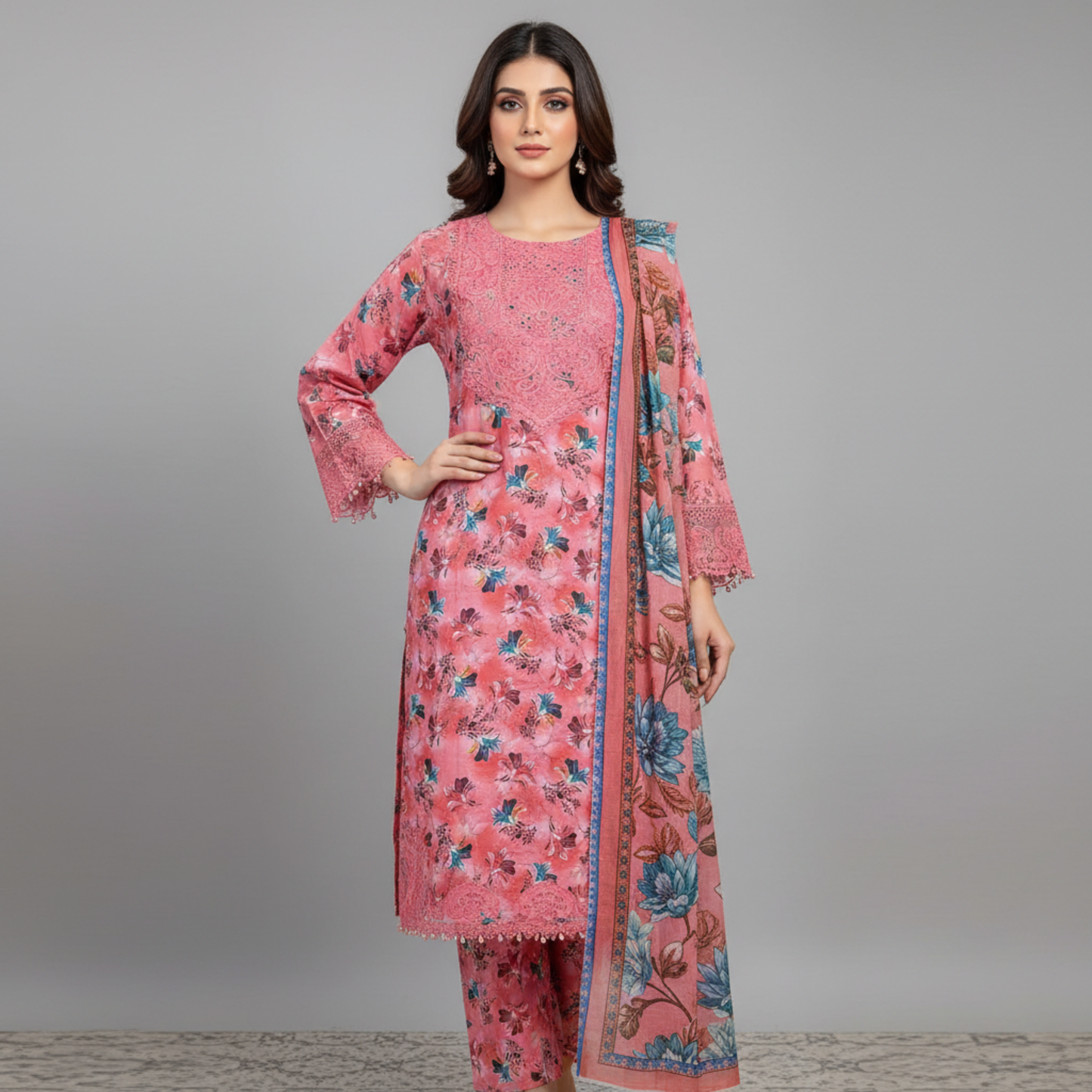 💚 Coral Bloom Embroidered 3-Piece Lawn Suit