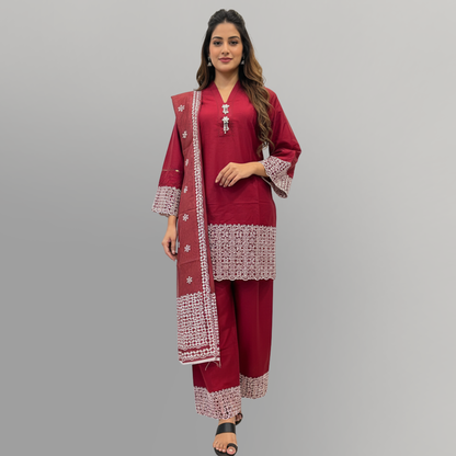 💚 Crimson Luxe Embroidered 3-Piece Lawn cotton Suit