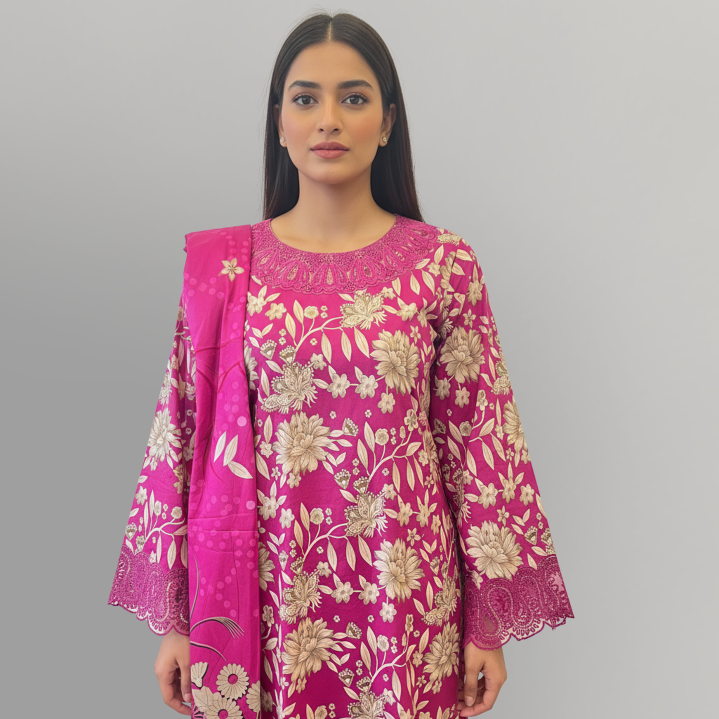 💚 Magenta Bloom Embroidered 3-Piece Lawn Suit