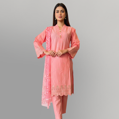 💚 Coral Glow Embroidered 3-Piece Lawn Suit