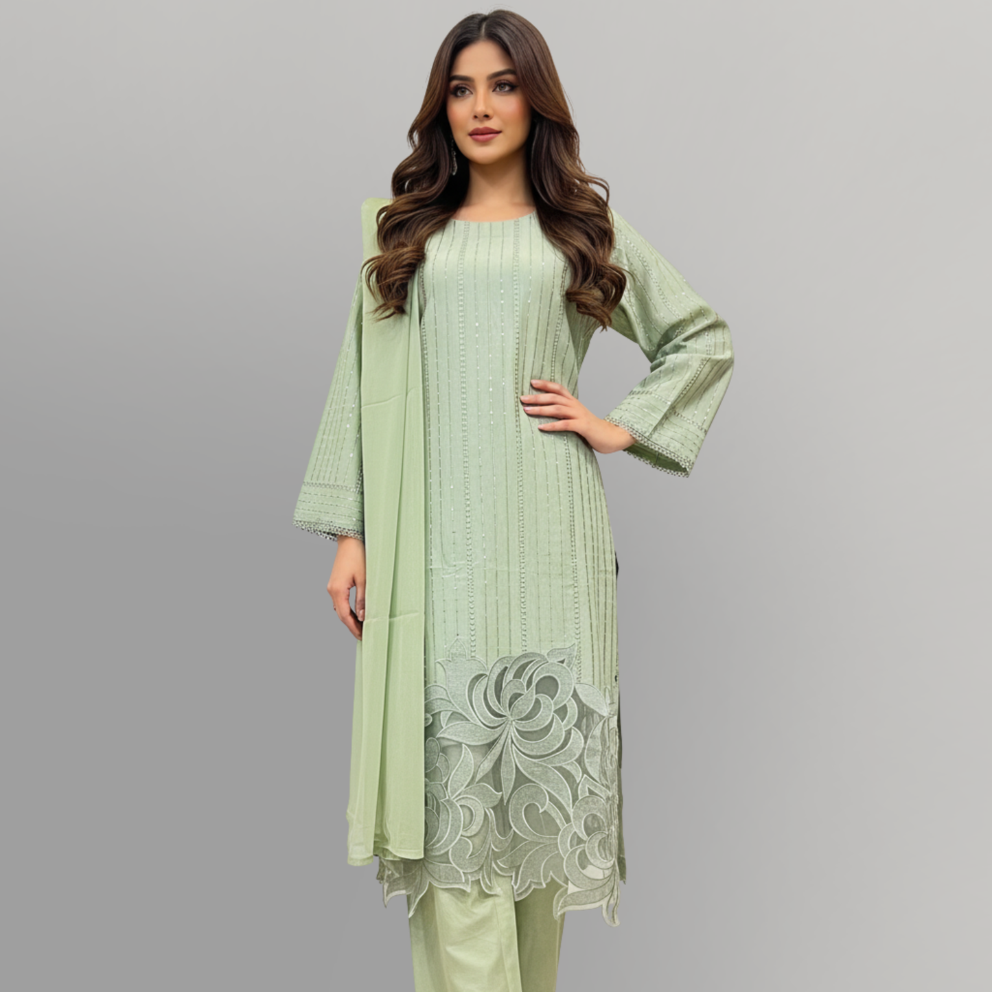 💚 Mint Essence Sequined Embroidered 3-Piece Lawn Suit