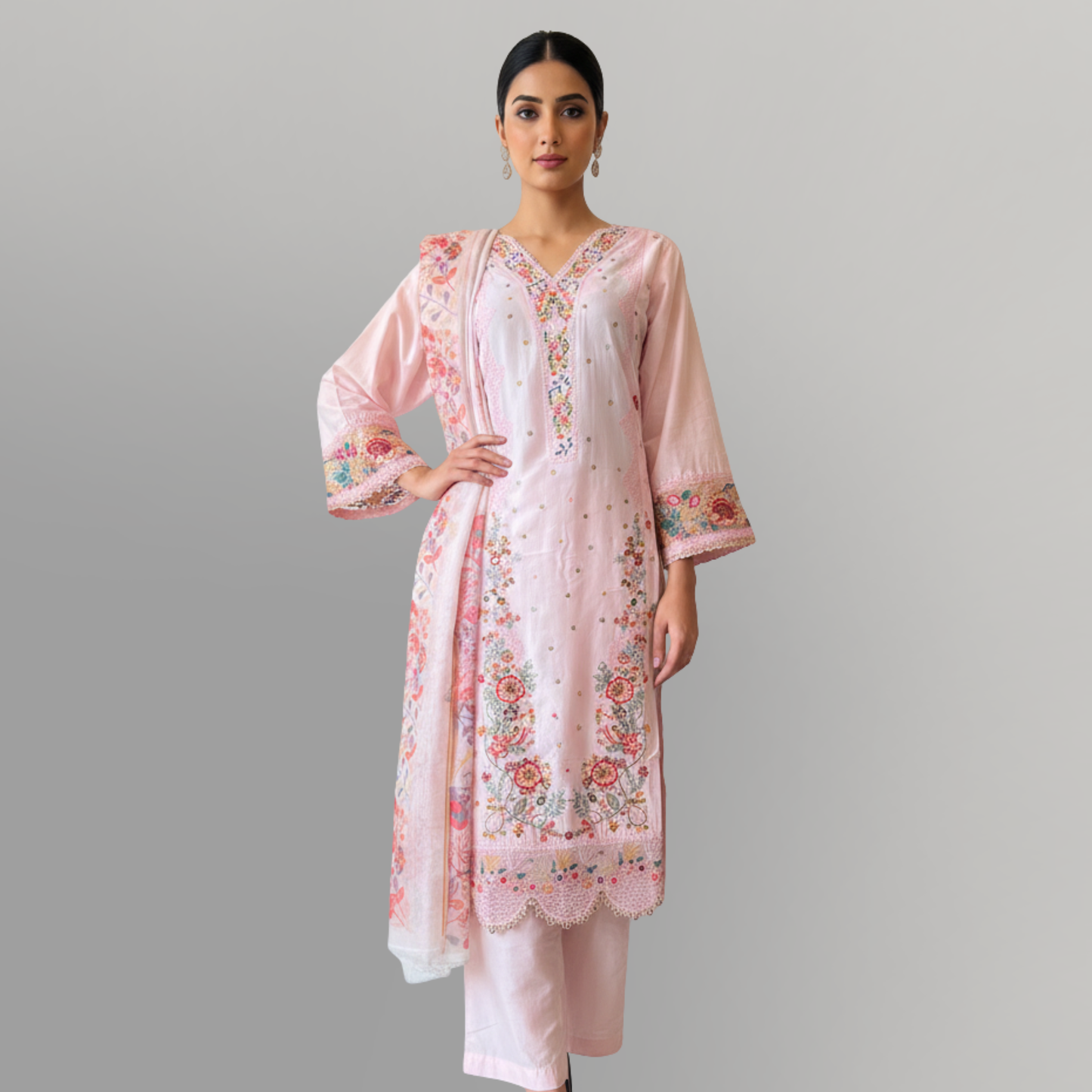 💚 Rose Quartz Embroidered 3-Piece Lawn cotton Suit