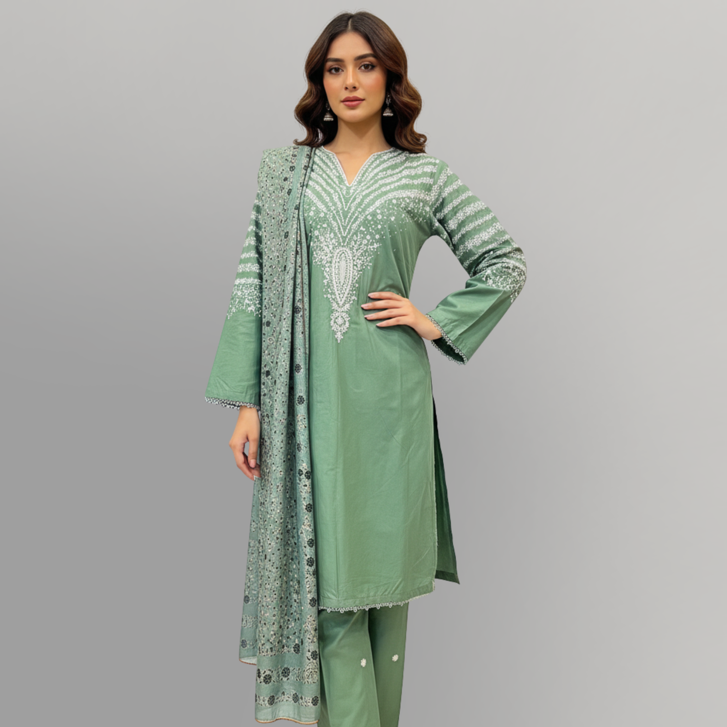 💚 Sea Green Serenity Embroidered 3-Piece Cotton Suit