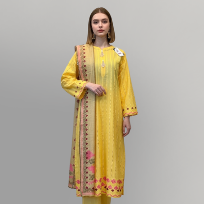 💚 Lemon Zest Embroidered 3-Piece Lawn Suit