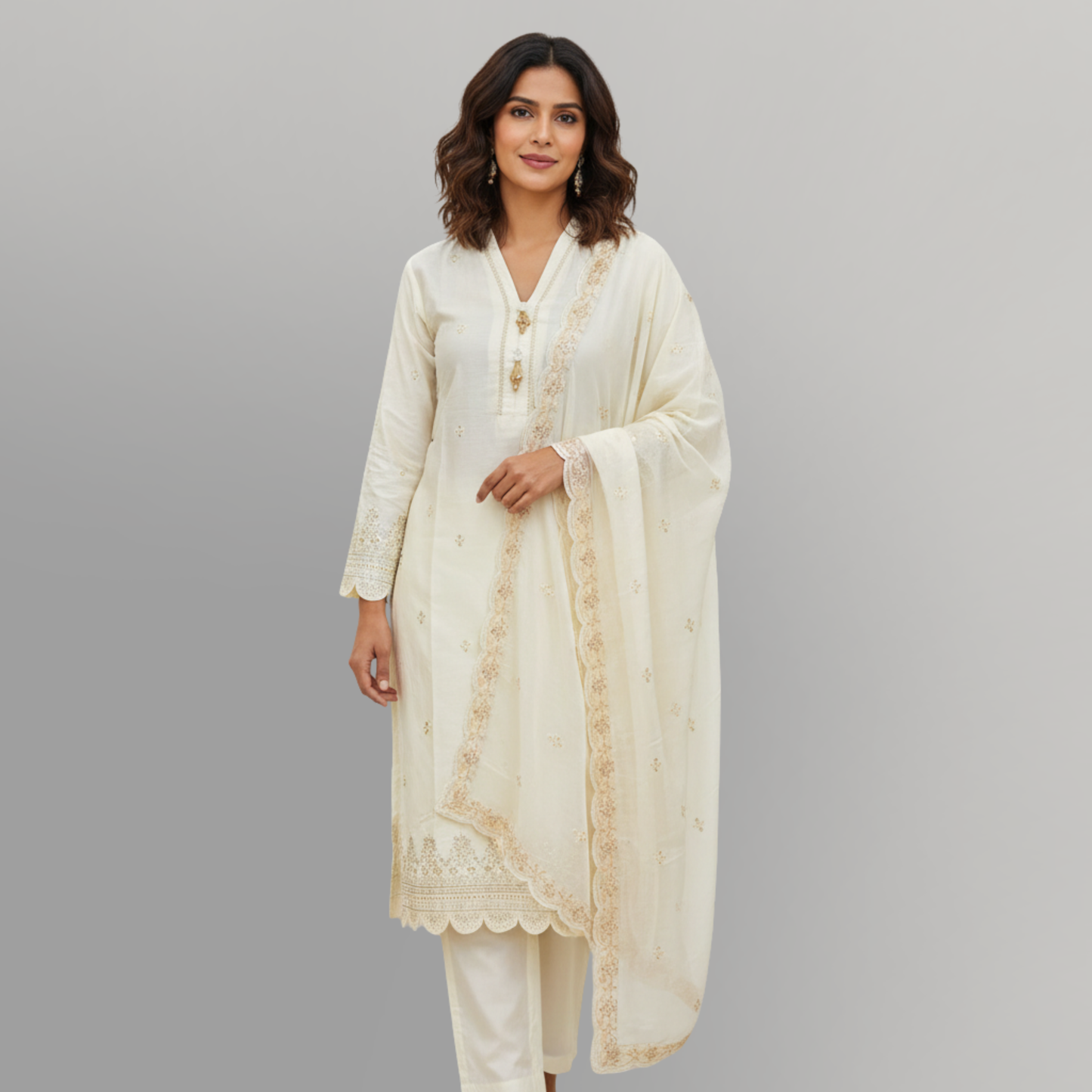 💚 Ivory Pearl Sequence Embroidered 3-Piece Lawn Suit