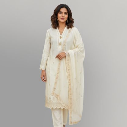 💚 Ivory Pearl Sequence Embroidered 3-Piece Lawn Suit