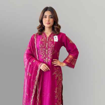 💚 Fuchsia Radiance Embroidered 3-Piece Lawn Suit