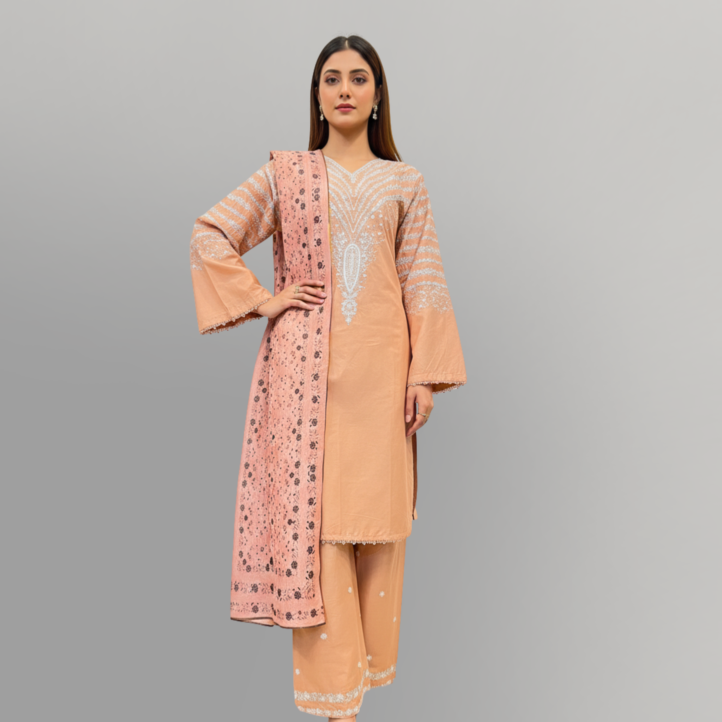 💚 Soft Apricot Glow Embroidered 3-Piece Cotton Suit