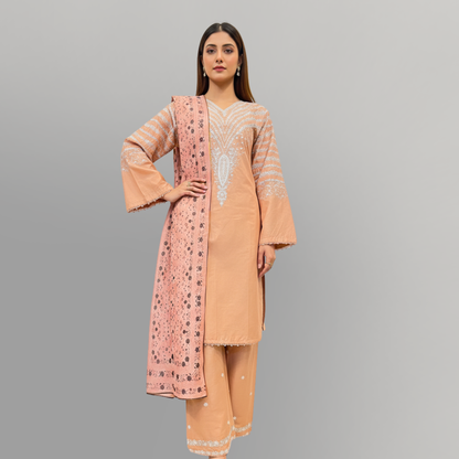 💚 Soft Apricot Glow Embroidered 3-Piece Cotton Suit