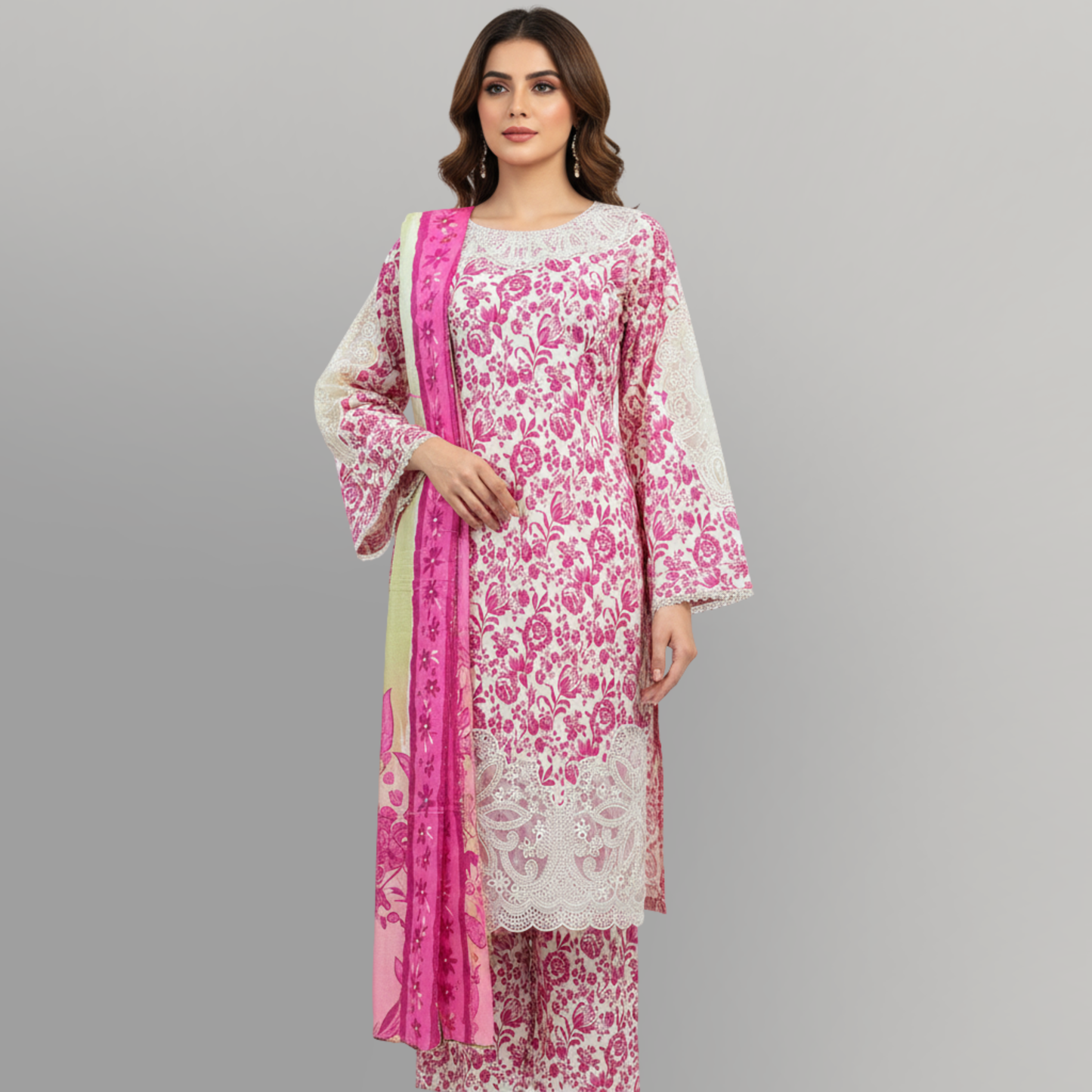 💚 Rose Radiance Embroidered 3-Piece Lawn Suit